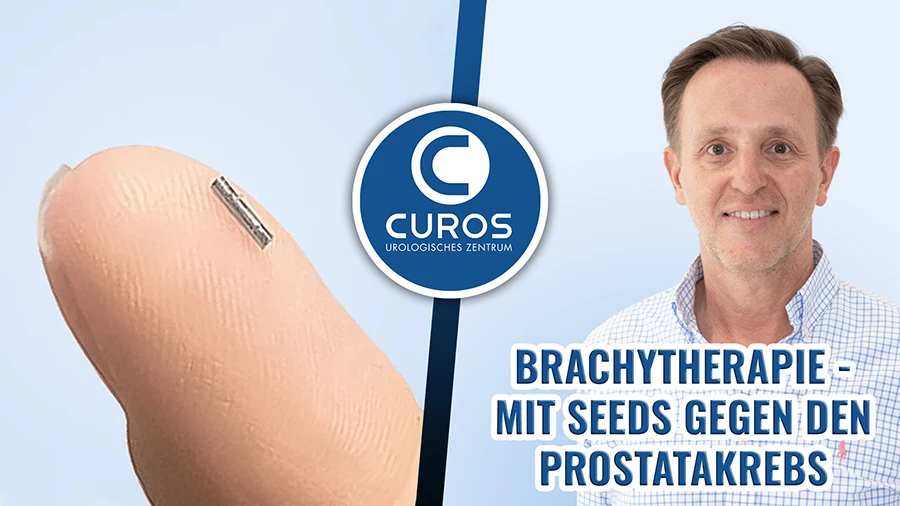 Ein Teaserbild welches Dr. Albert Heidrich und einen Finger zeigt, auf dem ein Seed für die Brachytherapie zu sehen ist. Der Teaser ist für ein Video zum Thema.